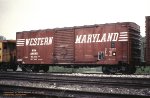 Western Maryland, WM 26595, 40 single door box car, Connellsville, Pennsylvania. October 12, 1986. 